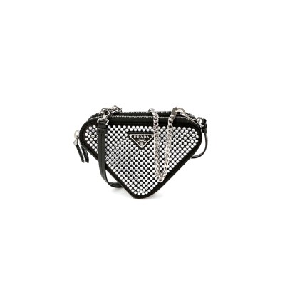 PRADA TRIANGULAR EMBELLISHED SATIN AND LEATHER MINI-POUCH 1NR015 (15*15*10cm)